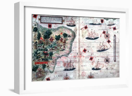 Map of Brazil by Portuguese Navigators Pedro Reinel and Lopo Homen, C1525-Lopo Homen-Framed Giclee Print