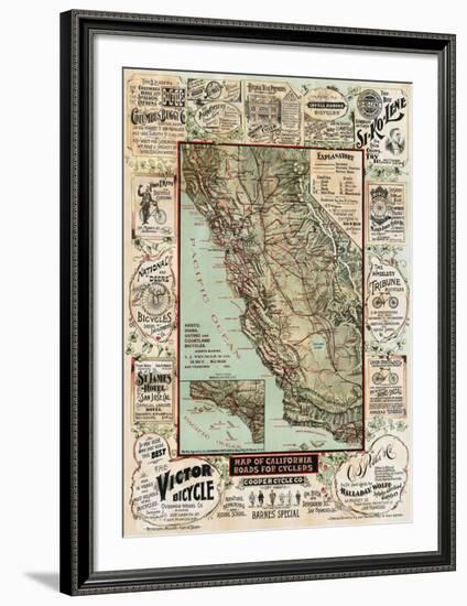 Map of California Roads for Cyclers, 1896-George W^ Blum-Framed Art Print