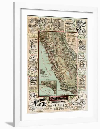 Map of California Roads for Cyclers, 1896-George W^ Blum-Framed Art Print