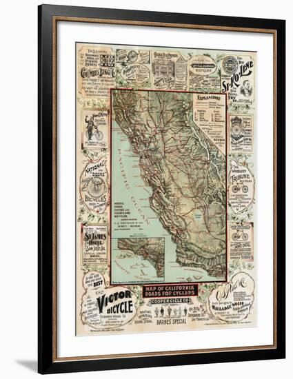 Map of California Roads for Cyclers, 1896-George W^ Blum-Framed Art Print