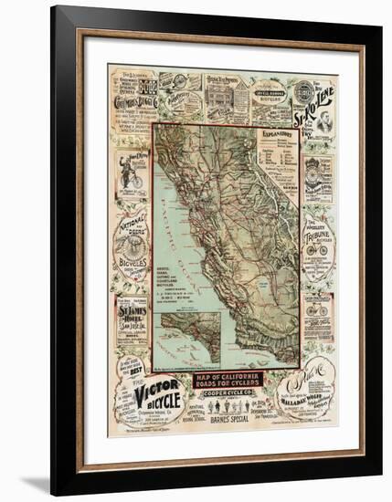 Map of California Roads for Cyclers, 1896-George W^ Blum-Framed Art Print