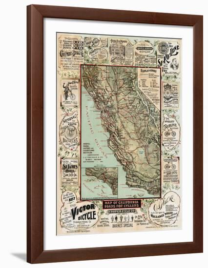 Map of California Roads for Cyclers, 1896-George W^ Blum-Framed Art Print