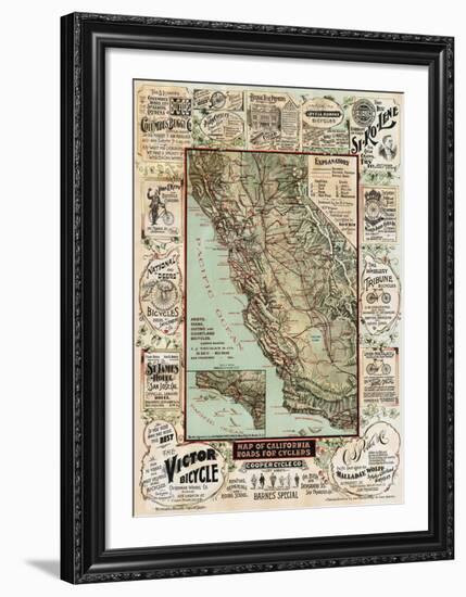 Map of California Roads for Cyclers, 1896-George W^ Blum-Framed Art Print