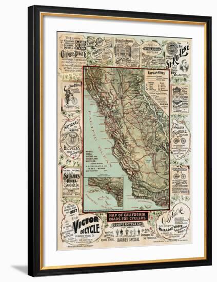 Map of California Roads for Cyclers, 1896-George W^ Blum-Framed Art Print