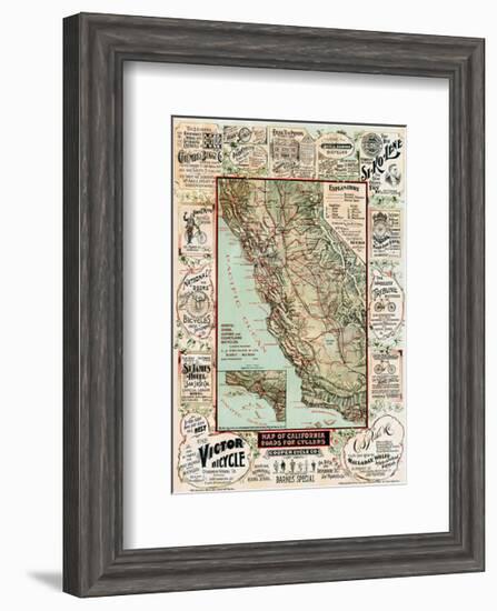 Map of California Roads for Cyclers, 1896-George W^ Blum-Framed Giclee Print