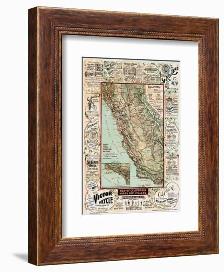 Map of California Roads for Cyclers, 1896-George W^ Blum-Framed Giclee Print