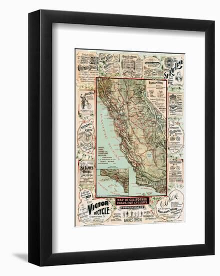 Map of California Roads for Cyclers, 1896-George W^ Blum-Framed Giclee Print