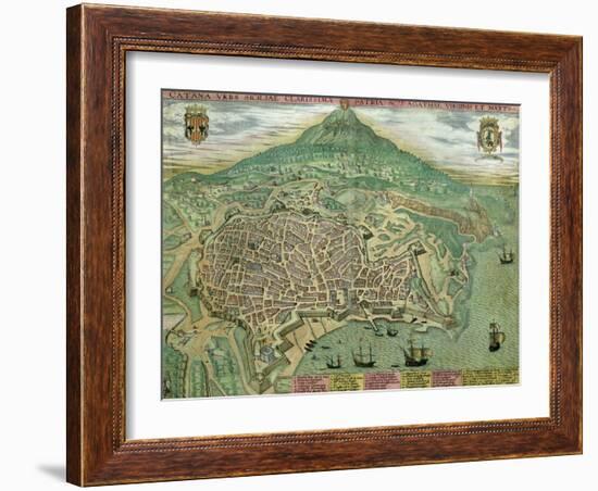 Map of Catania, from "Civitates Orbis Terrarum" by Georg Braun and Frans Hogenberg, circa 1572-Joris Hoefnagel-Framed Giclee Print