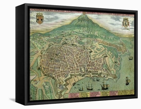 Map of Catania, from "Civitates Orbis Terrarum" by Georg Braun and Frans Hogenberg, circa 1572-Joris Hoefnagel-Framed Premier Image Canvas