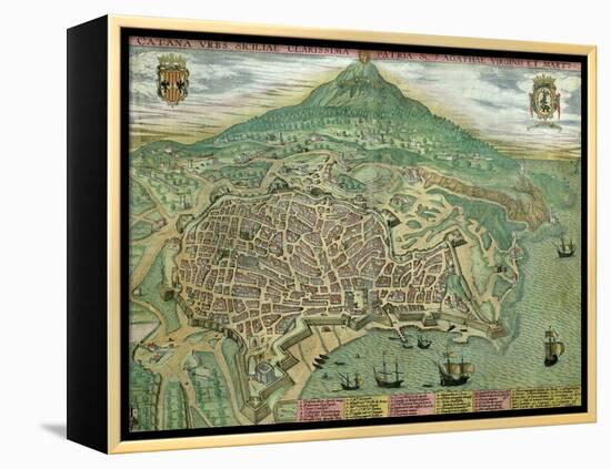 Map of Catania, from "Civitates Orbis Terrarum" by Georg Braun and Frans Hogenberg, circa 1572-Joris Hoefnagel-Framed Premier Image Canvas