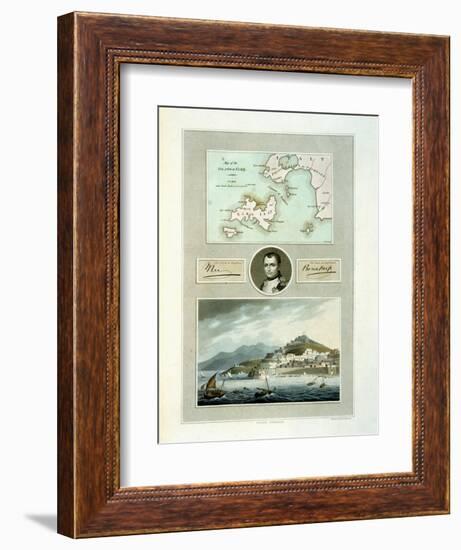 Map of Elba, View of Porto Ferraio with Portrait of Napoleon and Signature, c.1815-null-Framed Giclee Print