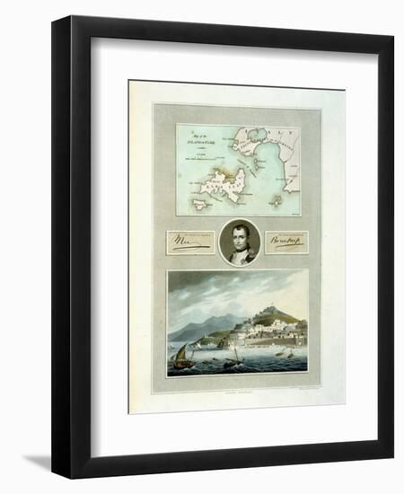 Map of Elba, View of Porto Ferraio with Portrait of Napoleon and Signature, c.1815-null-Framed Giclee Print