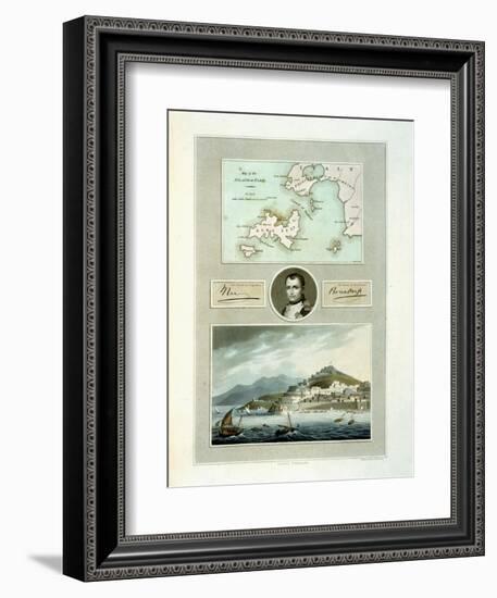 Map of Elba, View of Porto Ferraio with Portrait of Napoleon and Signature, c.1815-null-Framed Giclee Print