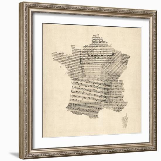 Map of France Old Sheet Music Map-Michael Tompsett-Framed Art Print