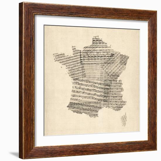 Map of France Old Sheet Music Map-Michael Tompsett-Framed Art Print