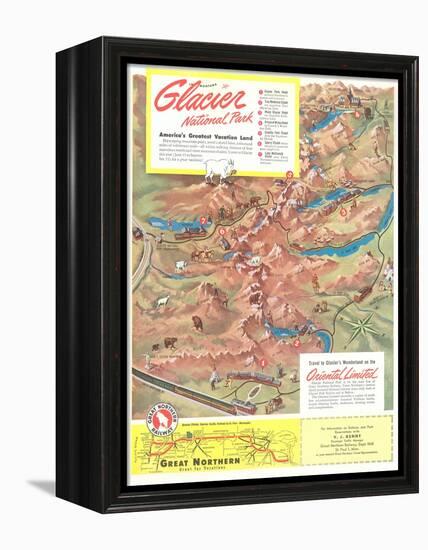 Map of Glacier National Park, Montana-null-Framed Stretched Canvas
