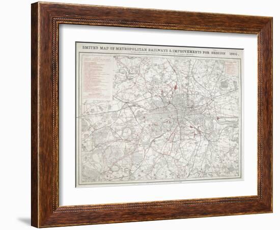 Map of Greater London showing the Metropolitan Railways and improvements in 1866-Anon-Framed Giclee Print