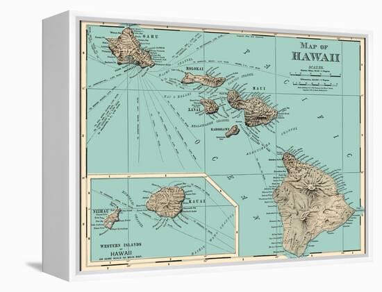 Map of Hawaii - from Rand McNally Atlas, Vintage Colored Cartographic Map, 1898-Pacifica Island Art-Framed Stretched Canvas