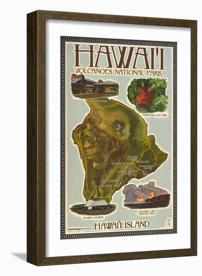 Map of Hawaii - Hawaii Volcanoes National Park-Lantern Press-Framed Art Print