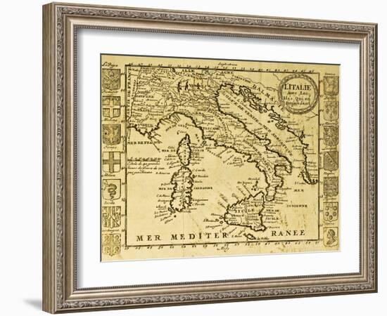 Map Of Italy Framed By Territorial Crests. May Be Dated To The Beginning Of Xviii Sec-marzolino-Framed Art Print