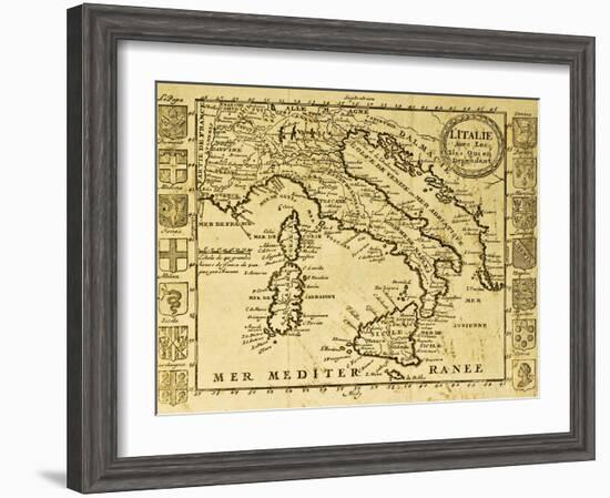 Map Of Italy Framed By Territorial Crests. May Be Dated To The Beginning Of Xviii Sec-marzolino-Framed Art Print