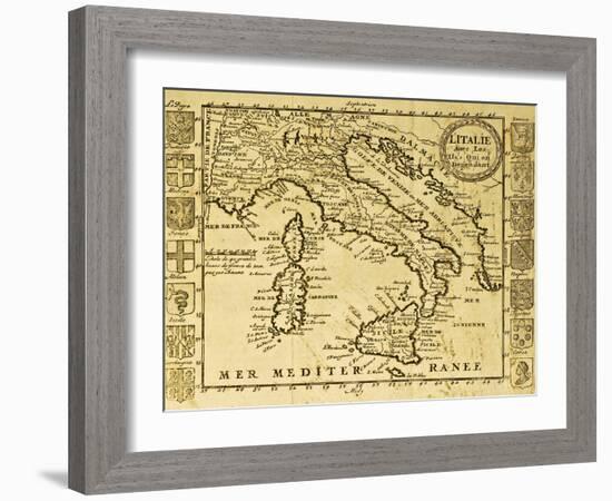 Map Of Italy Framed By Territorial Crests. May Be Dated To The Beginning Of Xviii Sec-marzolino-Framed Art Print