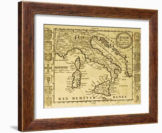 Map Of Italy Framed By Territorial Crests. May Be Dated To The Beginning Of Xviii Sec-marzolino-Framed Art Print