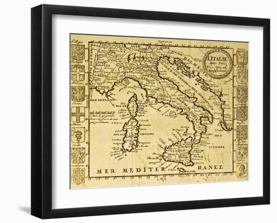 Map Of Italy Framed By Territorial Crests. May Be Dated To The Beginning Of Xviii Sec-marzolino-Framed Art Print