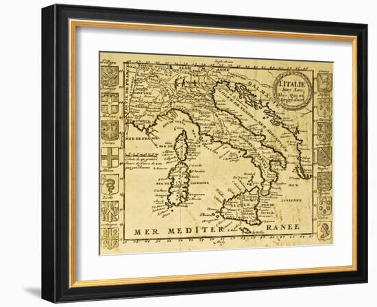 Map Of Italy Framed By Territorial Crests. May Be Dated To The Beginning Of Xviii Sec-marzolino-Framed Art Print