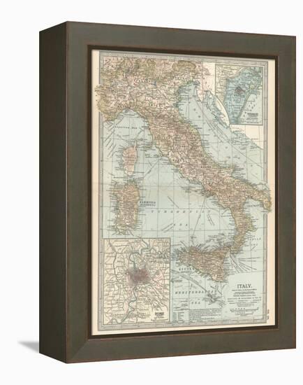 Map of Italy. Insets of Rome (Roma) and Vicinity, and Venice (Venezia) and Vicinity-Encyclopaedia Britannica-Framed Stretched Canvas