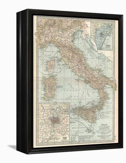 Map of Italy. Insets of Rome (Roma) and Vicinity, and Venice (Venezia) and Vicinity-Encyclopaedia Britannica-Framed Stretched Canvas