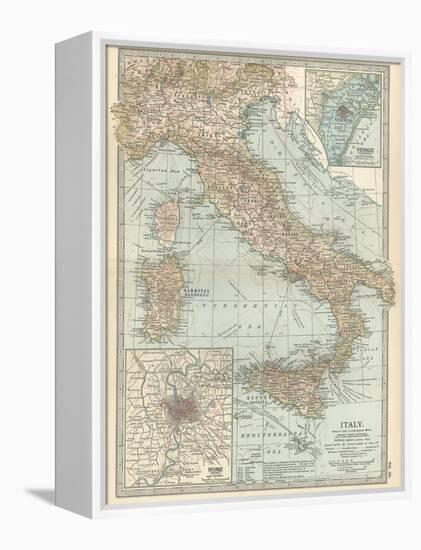 Map of Italy. Insets of Rome (Roma) and Vicinity, and Venice (Venezia) and Vicinity-Encyclopaedia Britannica-Framed Stretched Canvas