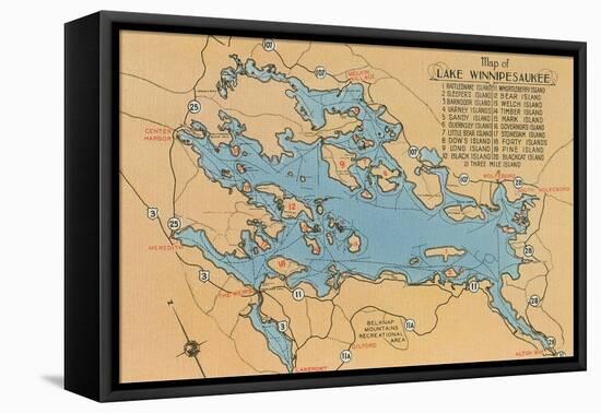 Map of Lake Winnipesaukee, New Hampshire-null-Framed Stretched Canvas