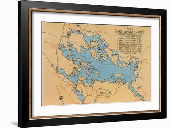 Map of Lake Winnipesaukee, New Hampshire-null-Framed Art Print