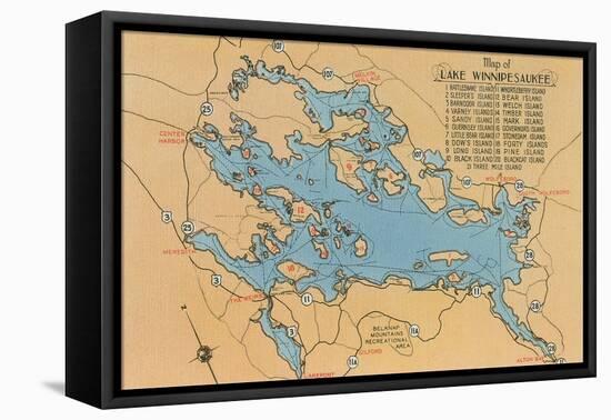 Map of Lake Winnipesaukee, New Hampshire-null-Framed Stretched Canvas