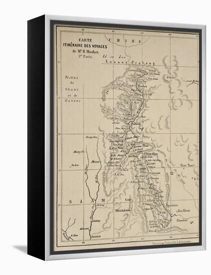 Map of Laos and the Mekong River Showing the Route of the Voyage of Henri Mouhot, Illustration…-French School-Framed Premier Image Canvas