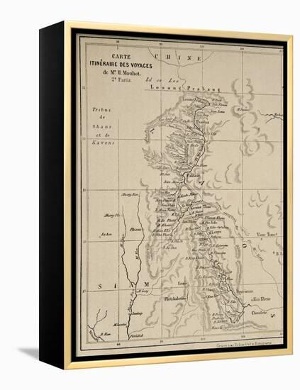 Map of Laos and the Mekong River Showing the Route of the Voyage of Henri Mouhot, Illustration…-French School-Framed Premier Image Canvas