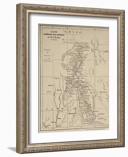 Map of Laos and the Mekong River Showing the Route of the Voyage of Henri Mouhot, Illustration…-French School-Framed Giclee Print