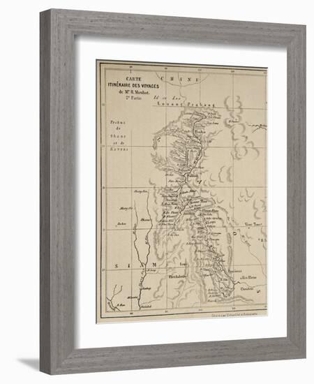 Map of Laos and the Mekong River Showing the Route of the Voyage of Henri Mouhot, Illustration…-French School-Framed Giclee Print