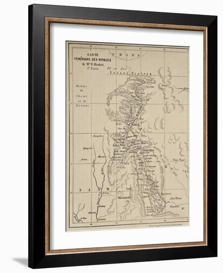 Map of Laos and the Mekong River Showing the Route of the Voyage of Henri Mouhot, Illustration…-French School-Framed Giclee Print