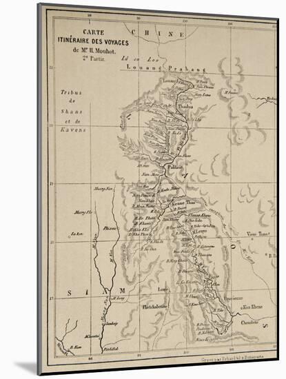 Map of Laos and the Mekong River Showing the Route of the Voyage of Henri Mouhot, Illustration…-French School-Mounted Giclee Print