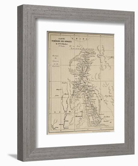 Map of Laos and the Mekong River Showing the Route of the Voyage of Henri Mouhot, Illustration…-French School-Framed Giclee Print