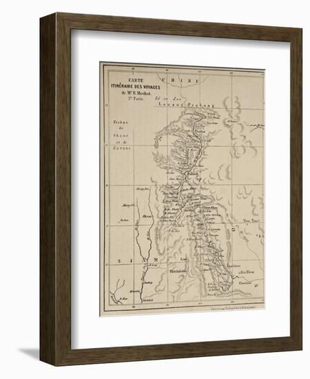 Map of Laos and the Mekong River Showing the Route of the Voyage of Henri Mouhot, Illustration…-French School-Framed Giclee Print