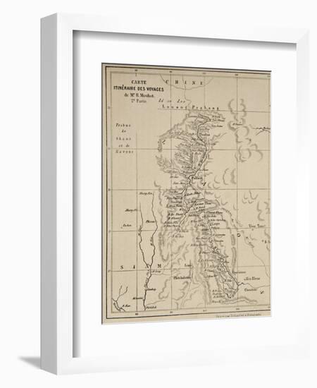 Map of Laos and the Mekong River Showing the Route of the Voyage of Henri Mouhot, Illustration…-French School-Framed Giclee Print