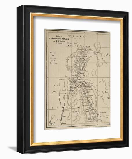 Map of Laos and the Mekong River Showing the Route of the Voyage of Henri Mouhot, Illustration…-French School-Framed Giclee Print