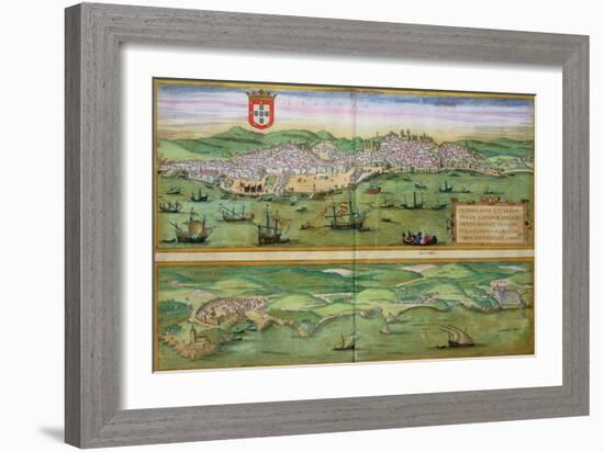 Map of Lisbon, and Cascais, from "Civitates Orbis Terrarum"-Joris Hoefnagel-Framed Giclee Print