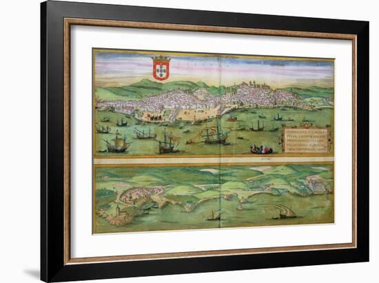Map of Lisbon, and Cascais, from "Civitates Orbis Terrarum"-Joris Hoefnagel-Framed Giclee Print