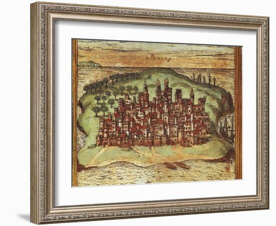 Map of Mombasa, Kenya, from Civitates Orbis Terrarum by Georg Braun and Franz Hogenberg-null-Framed Giclee Print