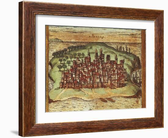 Map of Mombasa, Kenya, from Civitates Orbis Terrarum by Georg Braun and Franz Hogenberg-null-Framed Giclee Print