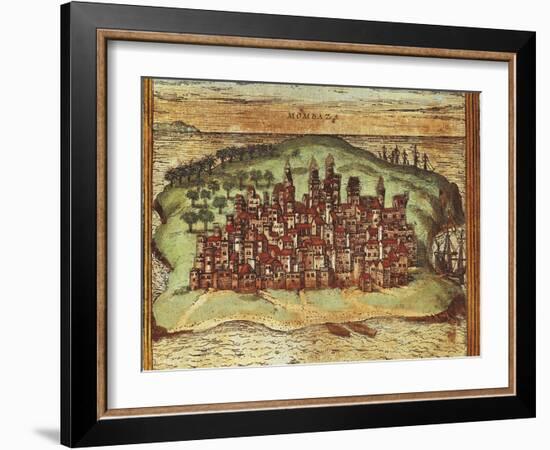 Map of Mombasa, Kenya, from Civitates Orbis Terrarum by Georg Braun and Franz Hogenberg-null-Framed Giclee Print